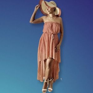 Stunning Pronto USA High-Low Asymmetric Coral Flower Strapless Sheer Flow Dress